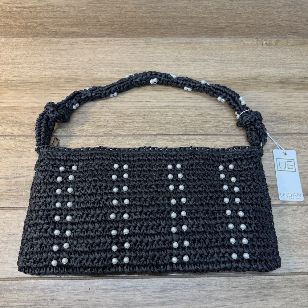 NWT Urban Expressions Black Raffia‎ Shoulder Bag Beaded Pearls